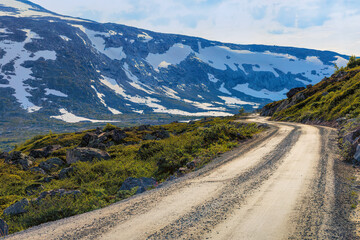 Old Stryn high mountain road , Norway mountain landscape.