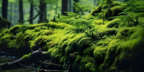 Green moss closeup, with a backdrop of woodland.  Forest in the national park.