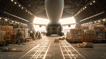 Soldiers unloading crates filled with weapons and ammunition at a bustling military airport