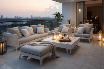 A luxury balcony with a city scenery