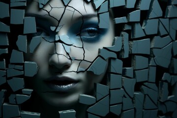 Young girl with her face covered in fragmented blocks, AI-generated. - obrazy, fototapety, plakaty