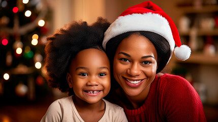 Merry Christmas. Portrait Of Happy Loving Black Family In Red Santa Claus Hat Celebrating Winter Holidays Together. Ai generated