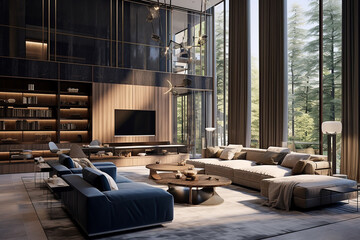 Sleek Luxury Interior with Large Windows: Light Gold and Dark Azure Tones, Meticulous Design, and Organic Forms