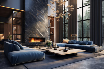 Sleek Luxury Interior with Large Windows: Light Gold and Dark Azure Tones, Meticulous Design, and Organic Forms
