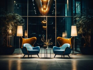 Luxurious lobby with white chairs and lamp lights in the night generative ai