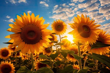 Sunflowers turning toward the sun in the soft morning light.