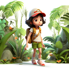 Little girl exploring jungle 3d isolated on white