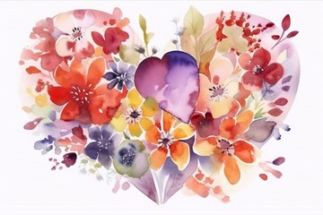 Colorful hearts of flowers on a card for Valentine's Day or birthday. Watercolor illustration on white background. Generative AI