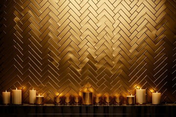 Luxurious gold herringbone wall with polished 3D tile blocks. Wallpaper with 3D rendered tiles. Generative AI