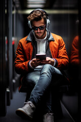 Jeune homme assis avec un casque audio, des lunettes de soleil, regardant son téléphone portable
