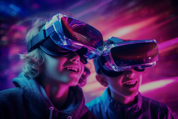 New generation Kids Using VR Headsets to Immerse Into New VR Gaming Worlds. Gen Alpha Digital Natives with Virtual Reality Smart Glasses.