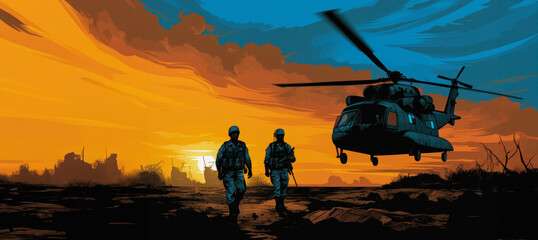 Silhouette of two soldiers and a helicopter taking off against a blue-orange sky ....
