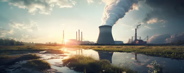 Poster Dense smoke from nuclear power plant wide banner. Large thermal power plants steam from cooling towers. © Michal