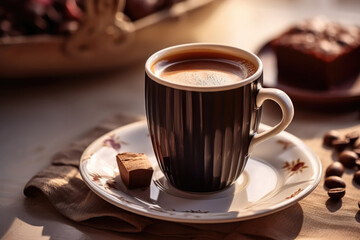 Black cup of freshly brewed hot coffee with chocolate sweet in the morning sunshine