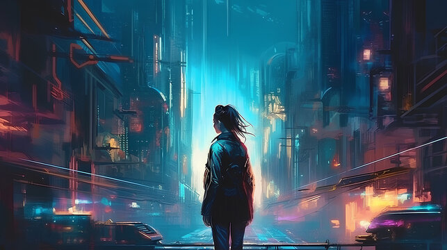 Young woman walking in a cyberpunk city. Lonely futuristic environment with neon lighting. Dystopic urban wallpaper.