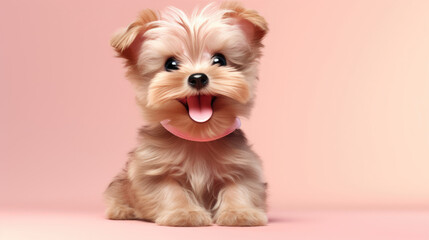 Realistic 3d render of a happy,  furry and cute baby Yorkshire Terrier smiling with big eyes looking strainght