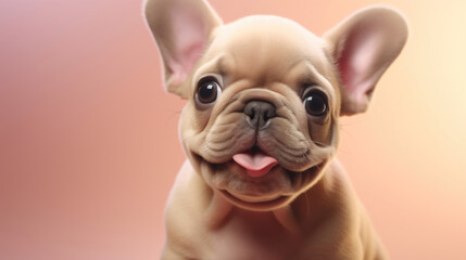 Realistic 3d render of a happy,  furry and cute baby French Bulldog smiling with big eyes looking strainght