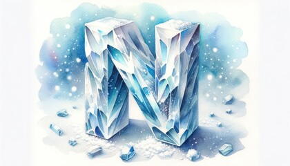 Watercolor painting of a crystalline letter 'N', shimmering in icy blue and white tones, set against a snowy background.