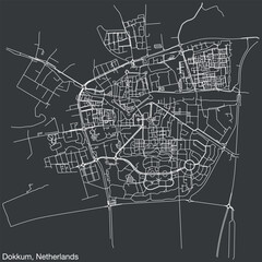 Detailed hand-drawn navigational urban street roads map of the Dutch city of DOKKUM, NETHERLANDS with solid road lines and name tag on vintage background