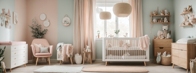 Nordic-inspired nursery with soft pastels, wooden accents, and adorable baby decor.