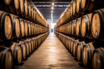 Wooden oak Port barrels in neat rows.