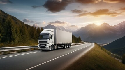 Truck with container on highway, cargo transportation concept. - obrazy, fototapety, plakaty