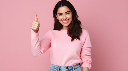 Image of a Beautiful Young brunette woman wearing casual pink clothes showing thumbs up Gesture at the camera. Isolated on a pink background