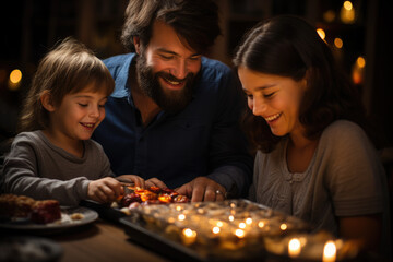 A joyful scene of a family celebrating Hanukkah, lighting the menorah and enjoying traditional foods. Generative Ai. - obrazy, fototapety, plakaty