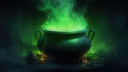 Cauldron with green glowing potion isolated on a dark foggy background