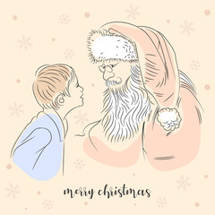 Santa Claus in front of a happy child at Christmas, vintage illustration with pastel colors