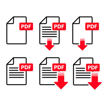 VECTOR PDF file format icons set. PDF file download symbols. Format for texts, images, vector images, videos, interactive forms 