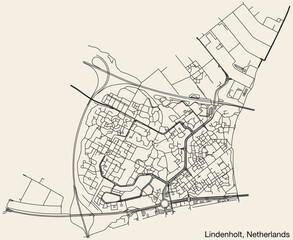 Detailed hand-drawn navigational urban street roads map of the Dutch city of LINDENHOLT, NETHERLANDS with solid road lines and name tag on vintage background