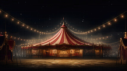 Fototapeta na wymiar Circus tent with illuminations lights at night. Cirque facade. Festive attraction
