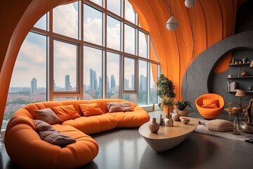 Bedroom design in a circular shape, in the style of brutalist architecture, orange and beige,...