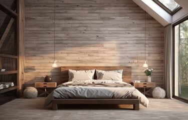 A cozy bedroom with a large bed and a wooden wall with boards