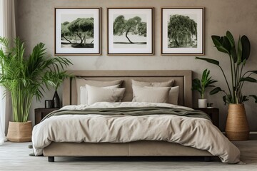 Two empty frames in bedroom with large bed, pillows, potted plants. Generative AI