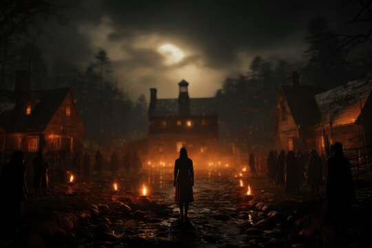 An eerie depiction of the Salem witch trials, highlighting the paranoia and hysteria that swept through a devout community. Generative Ai.