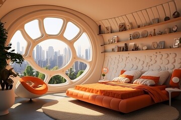 Bedroom design in a circular shape, in the style of brutalist architecture, orange and beige,...