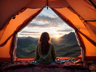 Young woman inside a tent in mountains