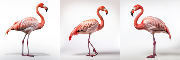 Collection of flamingos isolated on white background