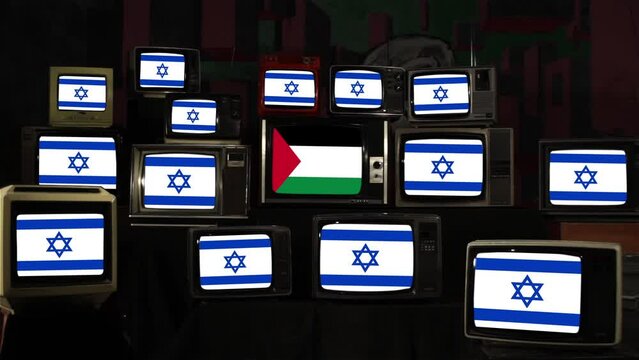 Flags of Israel and Flag of Palestine on Vintage Televisions.  