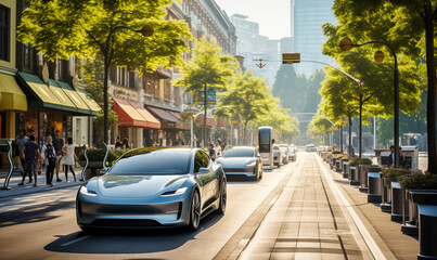 Sustainable Future: Electric Cars and Reusable Bags on a Green City Street