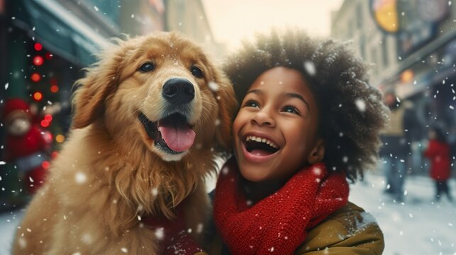 Funny African American child with golden retriever dog having fun outdoors during Christmas holiday