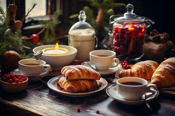 Fototapeta premium breakfast with coffee and croissants, Morning Indulgence: Cozy New Year's Breakfast with Coffee, Pastries, and Hearty Delights to Start the Year.
