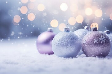 Naklejka na ściany i meble Christmas decorations ball on snow background.