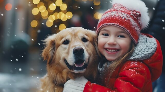 Cheerful child with golden retriever dog having fun outdoors during Christmas holiday