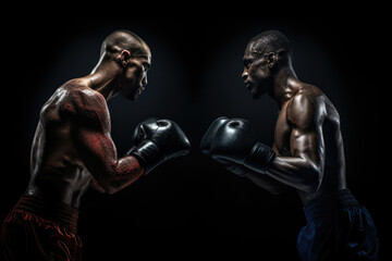 Fototapeta na wymiar Two men engaged in a boxing match wearing protective gloves