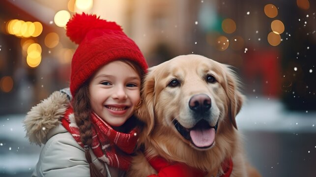 Cheerful child with golden retriever dog having fun outdoors during Christmas holiday