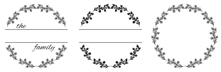 Leaves split monogram. Set of family monogram frame. Space for surname. Vector illustration of wildflower wreath