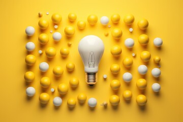 A bright yellow light bulb surrounded by a cluster of yellow balls against a vibrant yellow backdrop